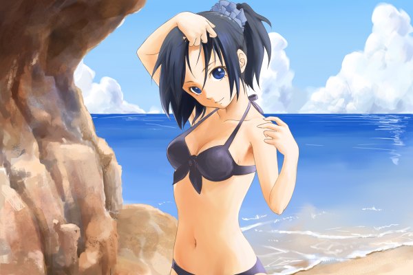 Anime picture 2400x1600 with highres blue eyes black hair sky beach girl swimsuit bikini black bikini komeimax