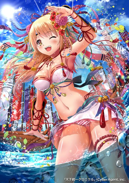 Anime picture 800x1131 with tenkuu no crystalia sakiyamama single long hair tall image looking at viewer blush fringe breasts open mouth light erotic blonde hair smile large breasts standing bare shoulders yellow eyes sky cleavage cloud (clouds)