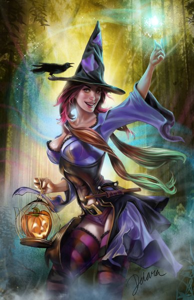 Anime picture 1941x3000 with cris delara single long hair tall image looking at viewer highres breasts smile purple eyes pink hair magic halloween witch girl thighhighs hat animal belt bird (birds) witch hat