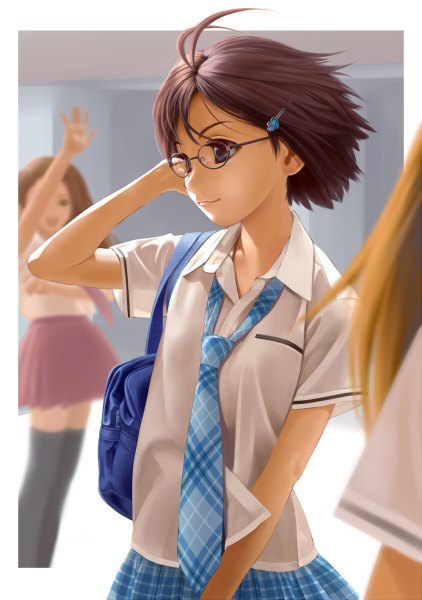 Anime picture 844x1200 with idolmaster idolmaster (classic) hoshii miki minase iori kikuchi makoto nekopuchi tall image short hair brown hair looking away black eyes rough time school girl uniform hair ornament school uniform shirt glasses necktie hairclip