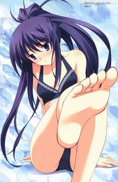 Anime picture 2100x3230 with chaos;head aoi sena single long hair tall image blush highres blue eyes light erotic blue hair ponytail barefoot soles pov feet girl swimsuit