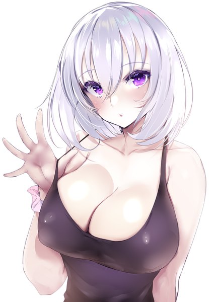 Anime picture 1000x1399 with original noto kurumi single tall image looking at viewer blush fringe short hair breasts open mouth light erotic simple background hair between eyes large breasts white background purple eyes cleavage white hair arm up :o