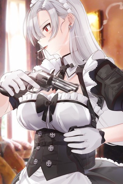 Anime picture 840x1248 with original kfr single long hair tall image blush fringe hair between eyes red eyes standing holding looking away silver hair indoors profile maid mouth hold smoke smoking double buttons