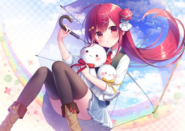 Anime picture 1414x1000 with original amane kurumi single long hair looking at viewer blush fringe open mouth light erotic hair between eyes red eyes holding sky cloud (clouds) ahoge bent knee (knees) red hair pleated skirt :o hair bun (hair buns)