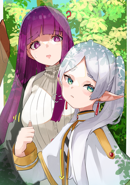 Anime picture 2480x3508 with sousou no frieren frieren fern (sousou no frieren) chankuro long hair tall image looking at viewer highres purple eyes multiple girls green eyes silver hair purple hair outdoors pointy ears sweatdrop elf pointing ? girl