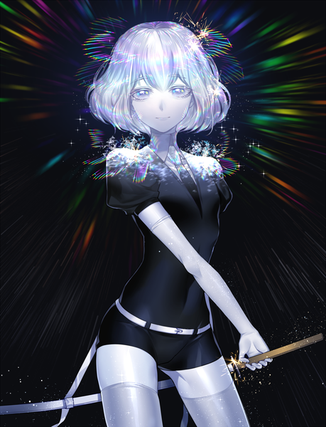 Anime-Bild 1500x1961 mit houseki no kuni diamond (houseki no kuni) cao hong anh single tall image looking at viewer short hair simple background silver hair puffy sleeves black background silver eyes shiny androgynous unsheathing thighhighs gloves weapon sword elbow gloves