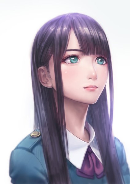 Anime picture 707x1000 with real life keyakizaka46 mizuho habu zhenlin single long hair tall image blue eyes black hair white background looking away lips realistic girl uniform