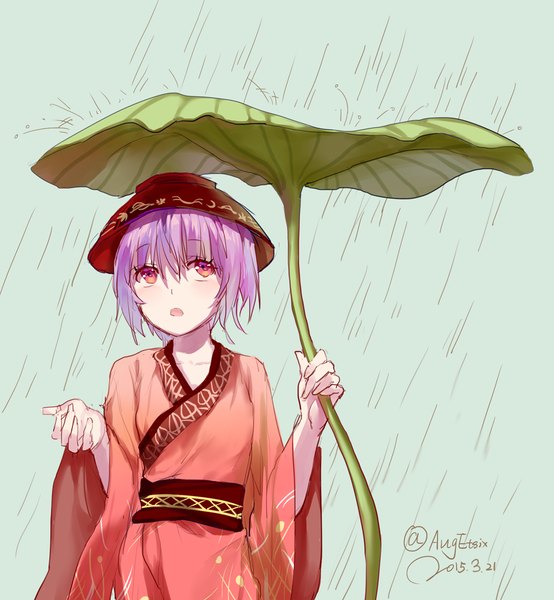 Anime picture 950x1028 with touhou sukuna shinmyoumaru augetsix single tall image blush short hair open mouth simple background red eyes signed purple hair traditional clothes japanese clothes dated looking up rain girl hat yukata