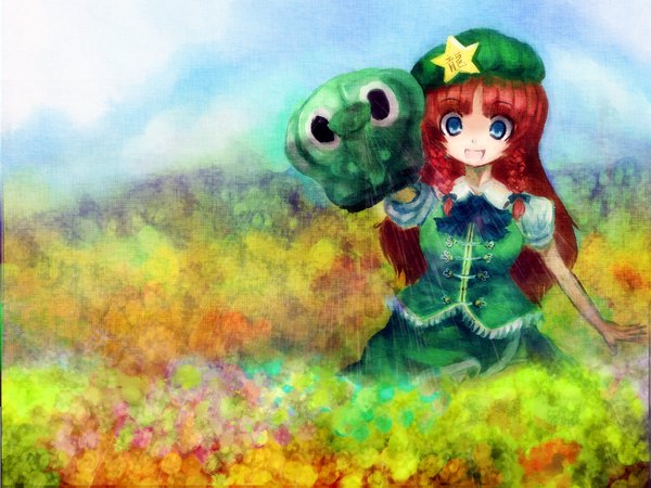 Anime picture 1600x1200 with touhou hong meiling long hair highres blue eyes red hair braid (braids) twin braids girl skirt flower (flowers) bow ribbon (ribbons) hair ribbon hat skirt set watering can amii