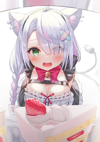Anime picture 1158x1637 with virtual youtuber indie virtual youtuber lolo (vtuber) tsukiman single long hair tall image looking at viewer blush fringe breasts open mouth light erotic simple background green eyes animal ears cleavage silver hair ahoge blunt bangs