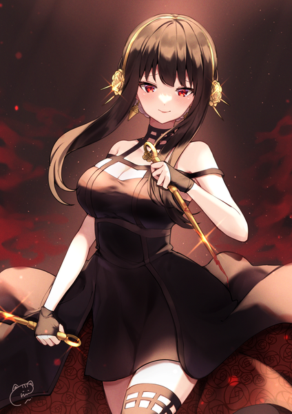 Anime picture 1240x1754 with spy x family yor briar ruu hh single long hair tall image looking at viewer black hair smile red eyes signed cleavage sparkle girl thighhighs dress weapon black thighhighs earrings black dress