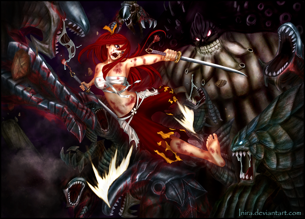 Anime picture 1200x863 with fairy tail erza scarlet inira long hair open mouth blue eyes light erotic red eyes holding red hair teeth bare belly midriff torn clothes dual wielding angry sharp teeth battle screaming girl