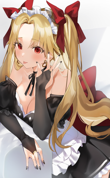 Anime picture 1206x1946 with fate (series) fate/grand order ereshkigal (fate) yuuko (030 yuko) single long hair tall image looking at viewer blush fringe breasts simple background blonde hair red eyes twintails bare shoulders cleavage nail polish fingernails maid