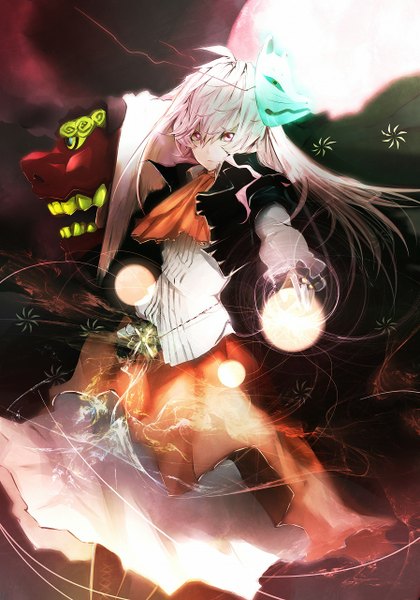 Anime picture 897x1280 with touhou hata no kokoro okakingyo single long hair tall image looking at viewer red eyes white hair magic mask on head girl dress mask energy ball
