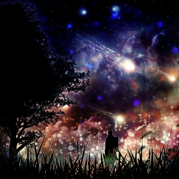 Anime picture 1000x999 with mushishi ginko harada miyuki single standing sky night night sky silhouette meteor rain boy plant (plants) tree (trees) grass backpack