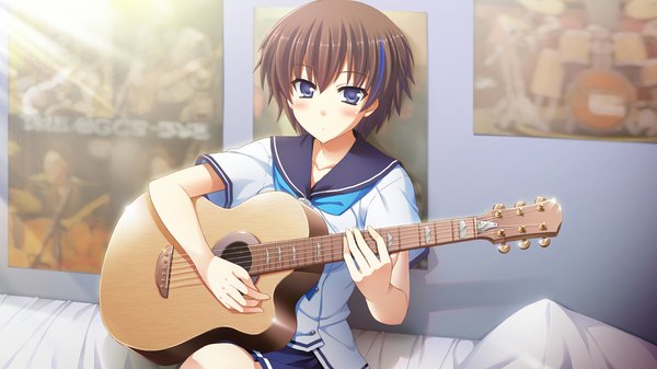 Anime picture 1280x720 with atled everlasting song blush short hair blue eyes black hair wide image game cg girl serafuku guitar