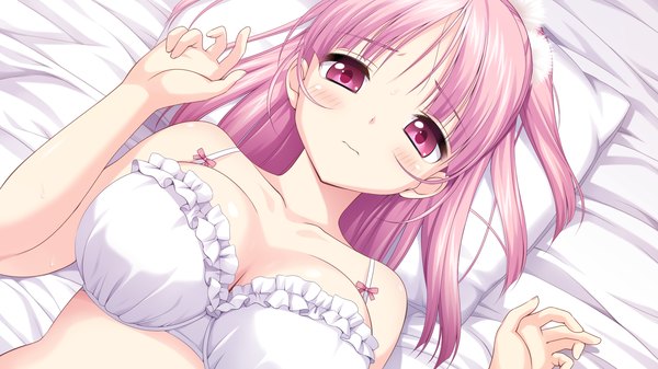 Anime picture 1920x1080 with love of renai koutei of love! kusunoki chitose piyodera mucha single long hair blush highres breasts light erotic smile wide image large breasts bare shoulders pink hair game cg pink eyes underwear only girl underwear lingerie