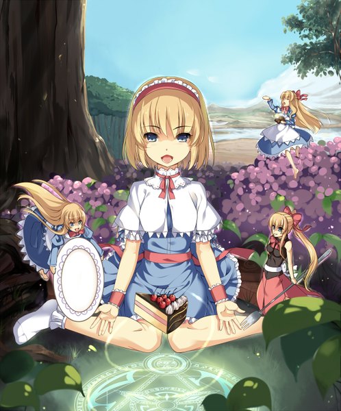 Anime picture 1221x1471 with touhou alice margatroid csai (sain) long hair tall image short hair open mouth blue eyes blonde hair multiple girls sky cloud (clouds) ponytail eyes closed magic girl dress plant (plants) tree (trees) sweets