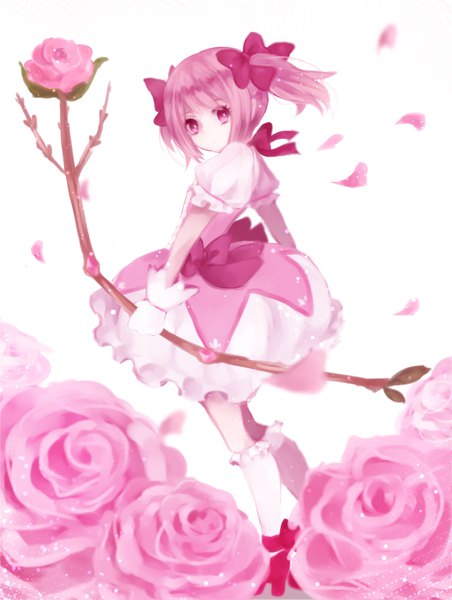 Anime picture 784x1040 with mahou shoujo madoka magica shaft (studio) kaname madoka nana colors single tall image looking at viewer short hair white background twintails pink hair pink eyes puffy sleeves short twintails magical girl girl dress gloves flower (flowers) bow