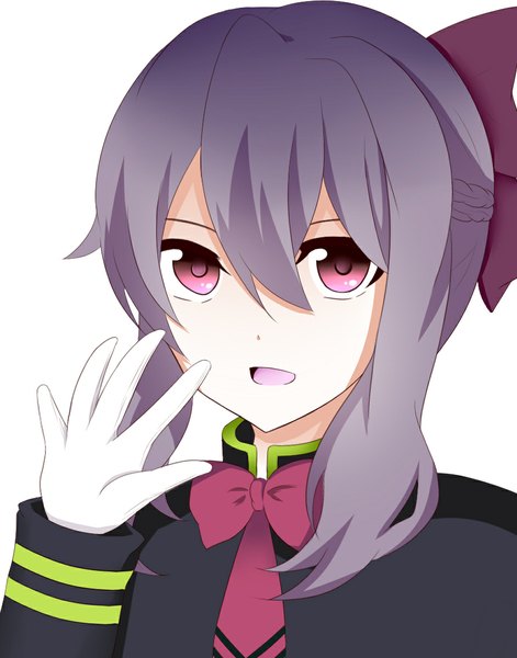 Anime picture 891x1135 with owari no seraph wit studio hiiragi shinoa miruku single long hair tall image looking at viewer fringe open mouth simple background hair between eyes white background purple hair braid (braids) pink eyes girl gloves uniform bow