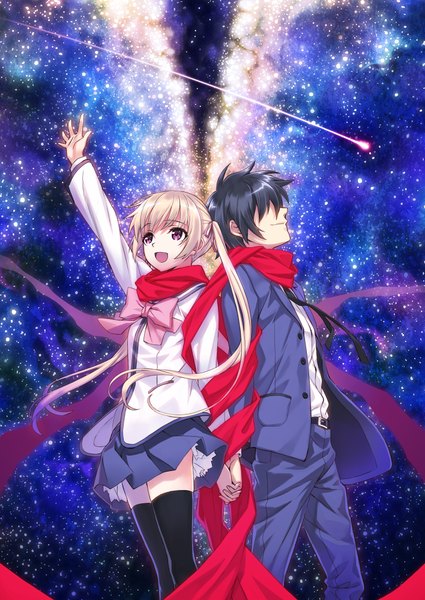 Anime-Bild 1416x2000 mit matsuryuu long hair tall image short hair open mouth black hair blonde hair twintails looking away night night sky holding hands looking up back to back hair over eyes shooting star shared scarf girl thighhighs boy