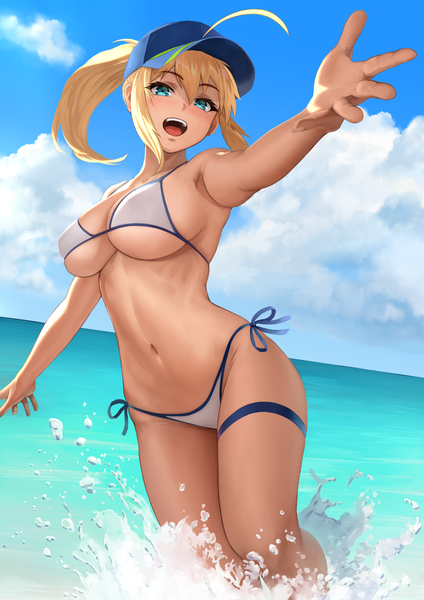 Anime picture 1191x1684 with fate (series) fate/grand order artoria pendragon (all) mysterious heroine xx (foreigner) yamaneko (tkdrumsco) single long hair tall image looking at viewer blush fringe breasts open mouth blue eyes light erotic blonde hair smile hair between eyes large breasts standing