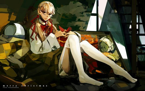 Anime picture 1024x645 with original panamaman single long hair fringe blonde hair sitting braid (braids) twin braids girl thighhighs white thighhighs glasses gift picture