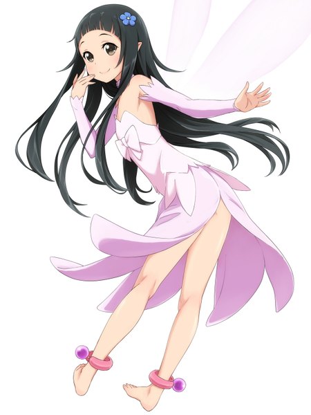 Anime picture 1200x1600 with sword art online a-1 pictures yui (sao) kimagure blue single long hair tall image blush breasts black hair standing white background brown eyes hair flower light smile pointy ears from behind leaning no shoes leaning forward