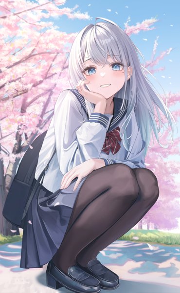 Anime picture 2530x4106 with original fujizarashi single long hair tall image looking at viewer blush fringe highres blue eyes smile silver hair full body outdoors mole mole under eye grin cherry blossoms squat chin rest