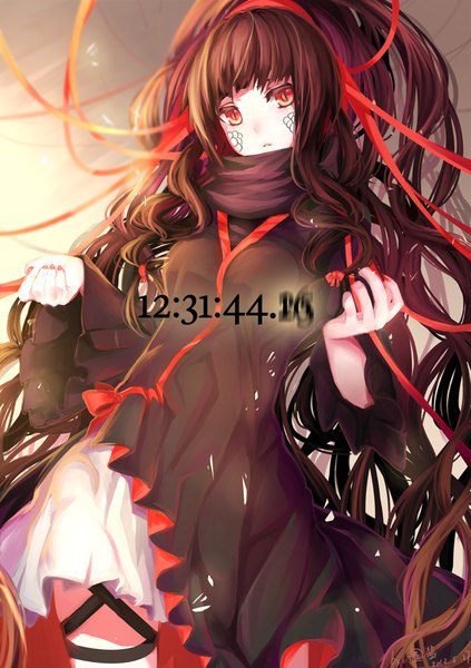 Anime picture 699x992 with kagerou project shaft (studio) tsukihiko (kagerou project) aki663 single tall image looking at viewer fringe red eyes brown hair signed payot very long hair nail polish parted lips wide sleeves depth of field dated wavy hair slit pupils