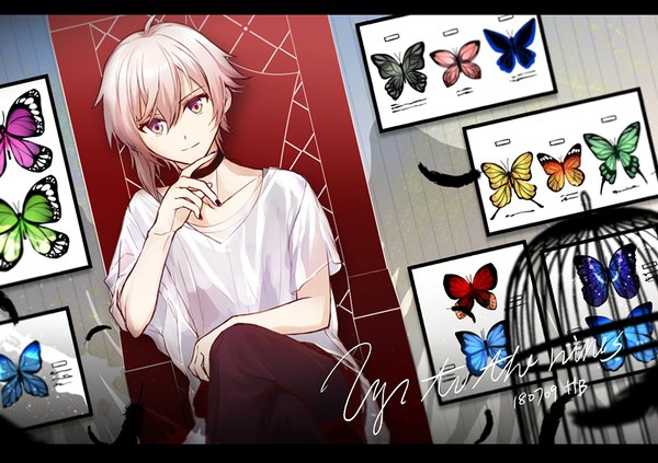 Anime picture 1000x705 with idolish 7 kujou tenn cheerdgp single looking at viewer fringe short hair hair between eyes sitting signed pink hair nail polish pink eyes light smile crossed legs dated hand to mouth asymmetrical hair boy choker