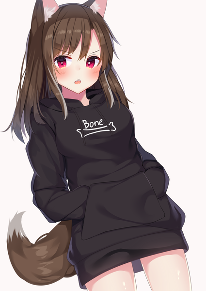 Anime picture 2149x3035 with original mizuki ryuu single long hair tall image looking at viewer blush fringe highres open mouth simple background hair between eyes red eyes brown hair standing white background animal ears payot tail animal tail