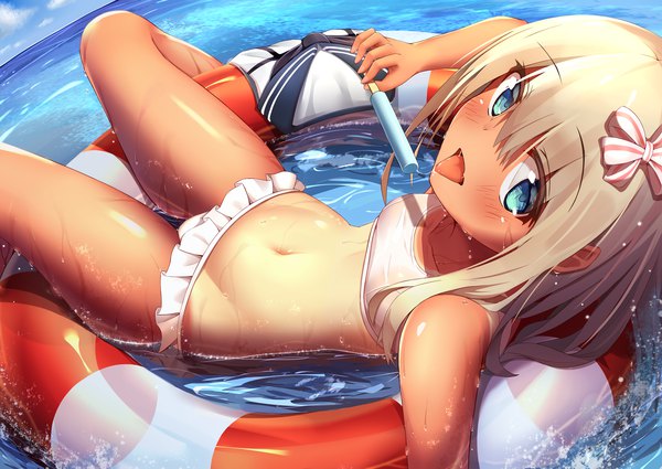 Anime picture 1694x1200 with kantai collection ro-500 submarine higejii single long hair looking at viewer blush fringe open mouth blue eyes light erotic blonde hair hair between eyes sky cloud (clouds) lying from above wet on back horizon