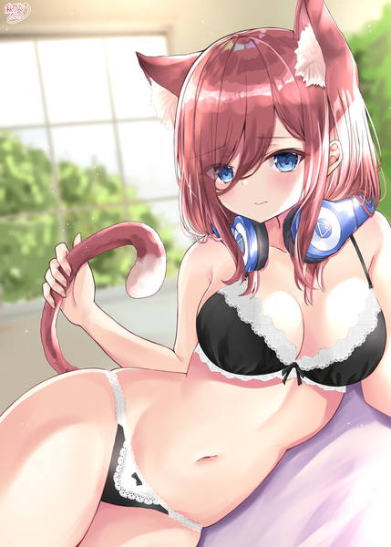 Anime picture 1200x1678 with go-toubun no hanayome nakano miku akino ell single long hair tall image blush fringe breasts blue eyes light erotic hair between eyes brown hair large breasts signed animal ears looking away cleavage indoors tail