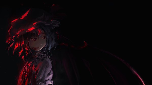 Anime picture 1501x843 with touhou remilia scarlet yokoya single short hair simple background red eyes wide image black background girl wings blood bonnet