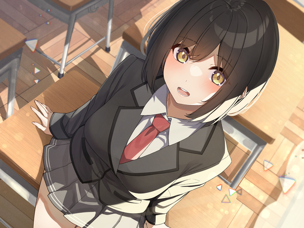 Anime picture 4000x3000 with original go-1 single looking at viewer blush fringe highres short hair open mouth brown hair sitting brown eyes absurdres indoors :d pleated skirt from above arm support dutch angle classroom