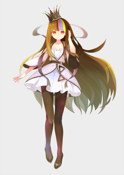 Anime picture 1060x1500 with vocaloid galaco tomioka jirou single tall image looking at viewer fringe simple background red eyes brown hair very long hair multicolored hair grey background streaked hair hand on head girl dress pantyhose crown