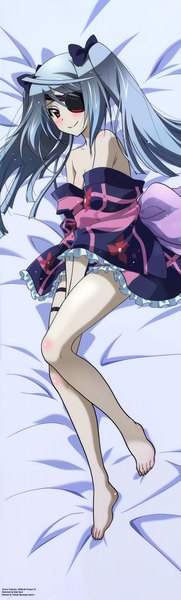 Anime picture 2222x7334 with infinite stratos 8bit laura bodewig single long hair tall image blush highres light erotic smile red eyes twintails full body traditional clothes japanese clothes grey hair dakimakura (medium) girl bow hair bow