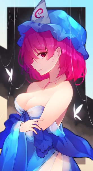 Anime picture 844x1540 with touhou saigyouji yuyuko chiroru (cheese-roll) single tall image looking at viewer fringe short hair breasts light erotic hair between eyes large breasts pink hair cleavage upper body profile pink eyes girl hat insect