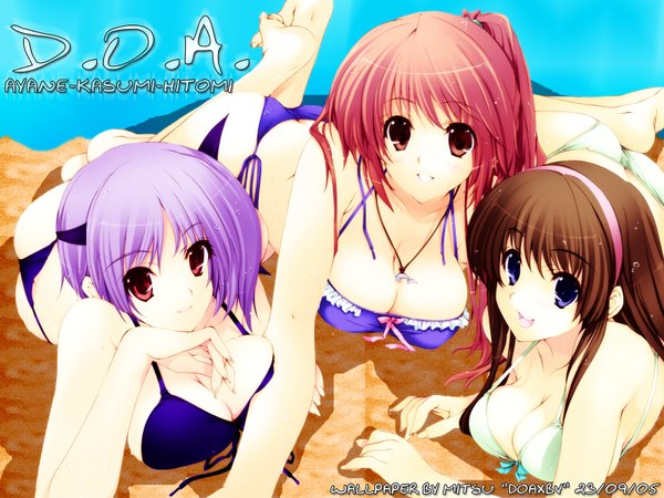 Anime picture 1600x1200 with dead or alive kasumi (doa) ayane (doa) hitomi iizuki tasuku long hair looking at viewer short hair open mouth light erotic smile red eyes brown hair purple eyes multiple girls brown eyes purple hair red hair inscription reclining