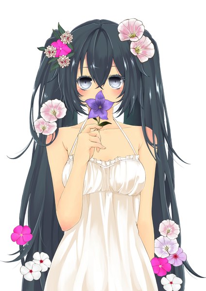 Anime picture 2893x4092 with original kokankonkako single long hair tall image blush highres blue eyes black hair simple background white background twintails hair flower girl dress hair ornament flower (flowers) sundress