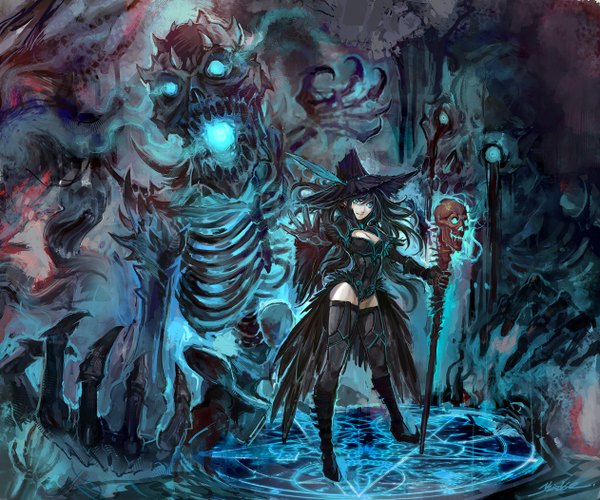 Anime picture 1262x1052 with original kazeco (pixiv) long hair blue eyes black hair magic glowing glowing eye (eyes) witch skeleton girl thighhighs gloves feather (feathers) witch hat staff monster magic circle