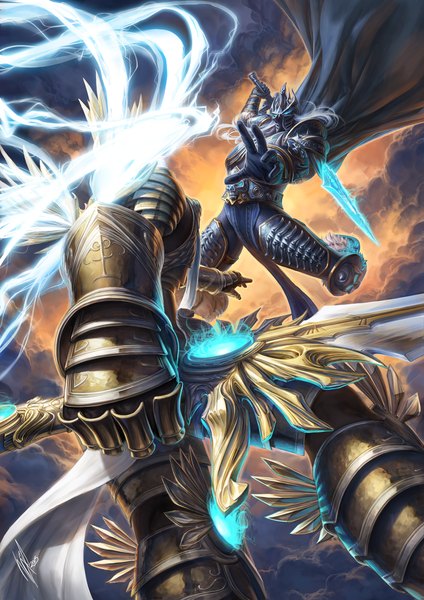 Anime picture 2480x3508 with world of warcraft diablo (game) heroes of the storm blizzard entertainment arthas menethil tyrael warrenlouw long hair tall image highres blue eyes white hair battle boy gloves weapon sword wings armor cloak