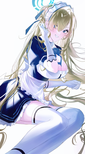 Anime picture 2768x5011 with blue archive asuna (blue archive) pb q single tall image looking at viewer fringe highres breasts blue eyes light erotic simple background blonde hair smile large breasts white background sitting cleavage very long hair hair over one eye