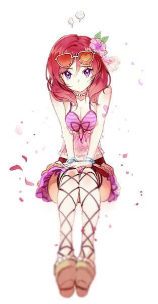 Anime picture 600x1148 with love live! school idol project sunrise (studio) love live! nishikino maki macciatto (aciel02) single tall image looking at viewer short hair simple background white background purple eyes cleavage full body red hair hair flower sunglasses on head girl flower (flowers) petals