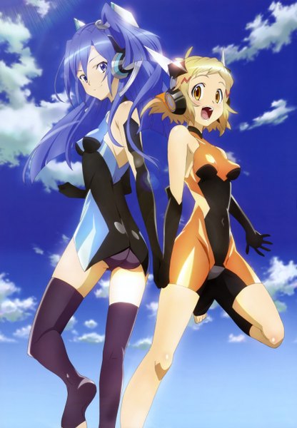 Anime picture 3469x5000 with senki zesshou symphogear nyantype satelight tachibana hibiki kazanari tsubasa long hair tall image highres short hair open mouth light erotic blonde hair smile purple eyes multiple girls blue hair absurdres sky cloud (clouds) official art