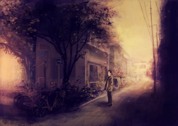 Anime picture 1280x905 with original jw (pixiv) single hands in pockets street boy plant (plants) tree (trees) building (buildings) ground vehicle house road traffic sign bicycle sign