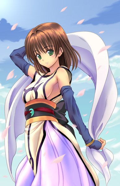 Anime picture 2000x3097 with yamato gensouki iyo (yamato gensouki) yabuki kentarou single tall image highres short hair brown hair green eyes girl detached sleeves petals