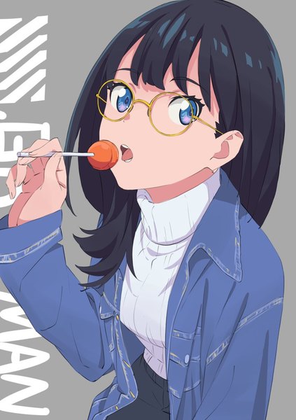 Anime picture 722x1024 with gridman universe ssss.gridman studio trigger takarada rikka kengo single long hair tall image looking at viewer fringe open mouth blue eyes black hair simple background holding blunt bangs grey background open jacket teeth copyright name