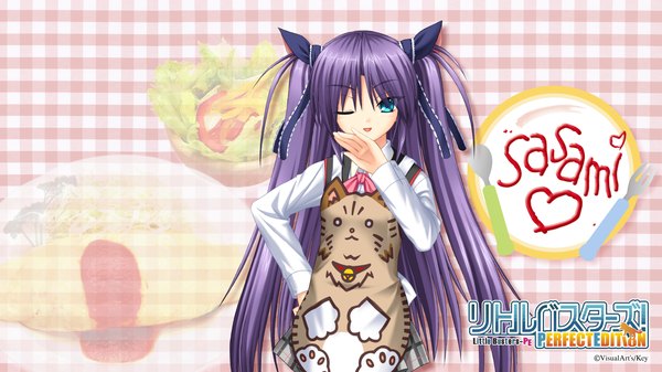 Anime picture 1920x1080 with little busters! key (studio) sasasegawa sasami na-ga long hair highres blue eyes wide image purple hair one eye closed wink inscription two side up wallpaper girl ribbon (ribbons) hair ribbon apron